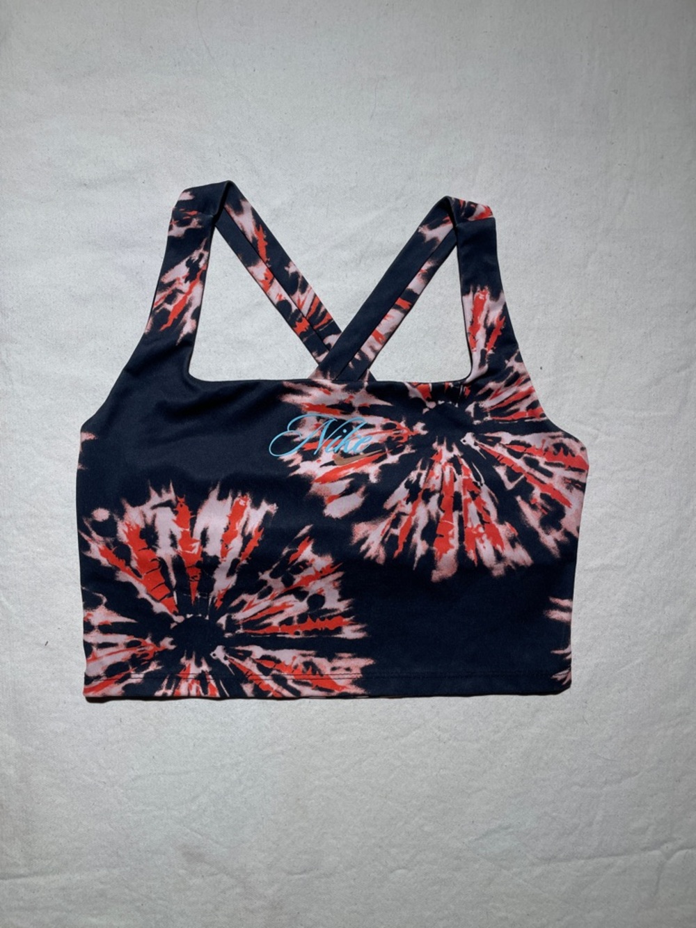 Nike Resort Tie Dye Cropped Training Tank Top Bra, Black and Coral, Medium